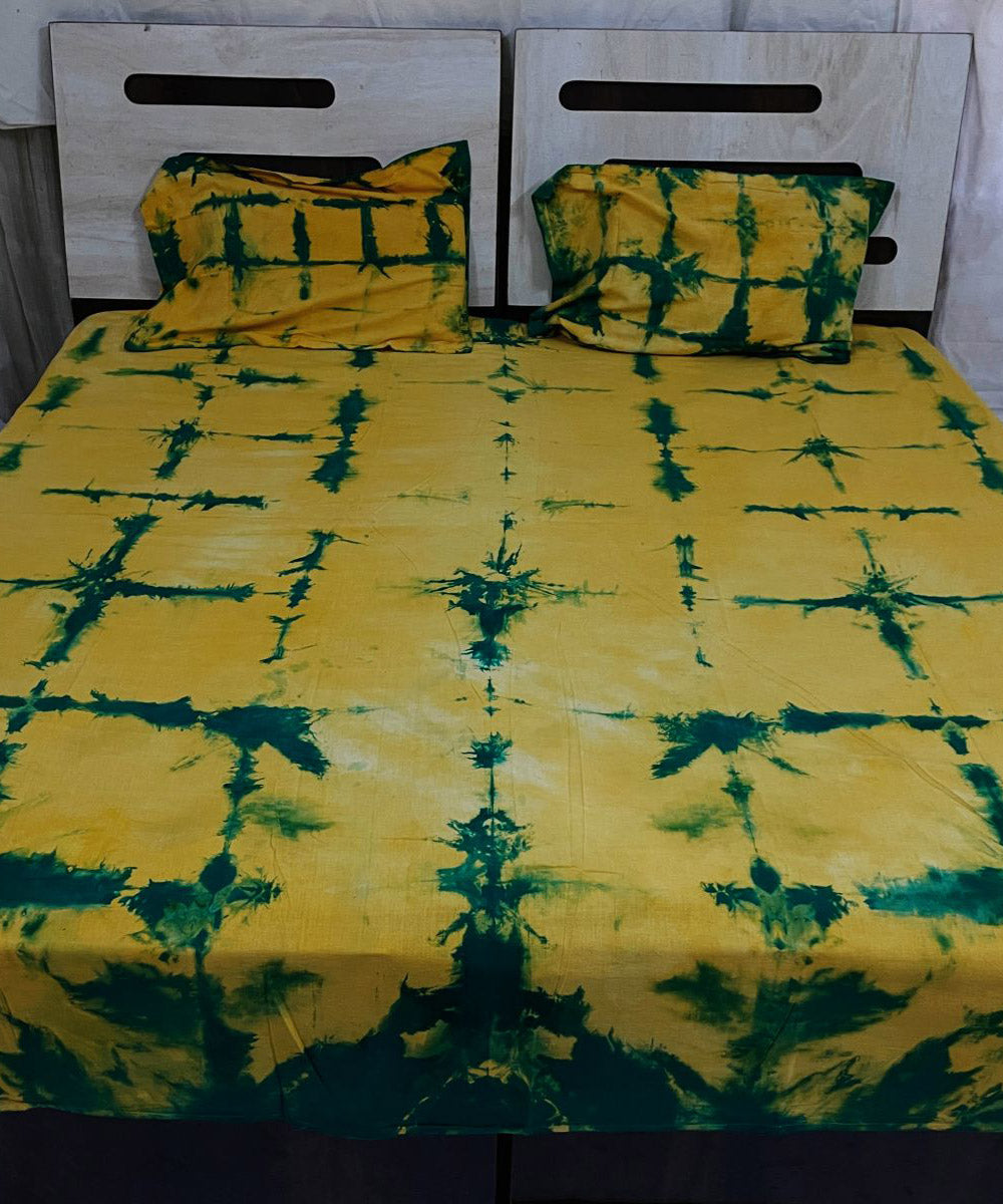 Yellow green tie dye cotton handwoven bedsheet