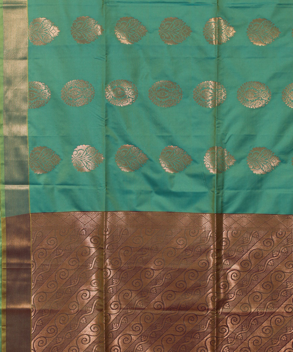 Cyan blue maroon handwoven Karnataka soft silk saree