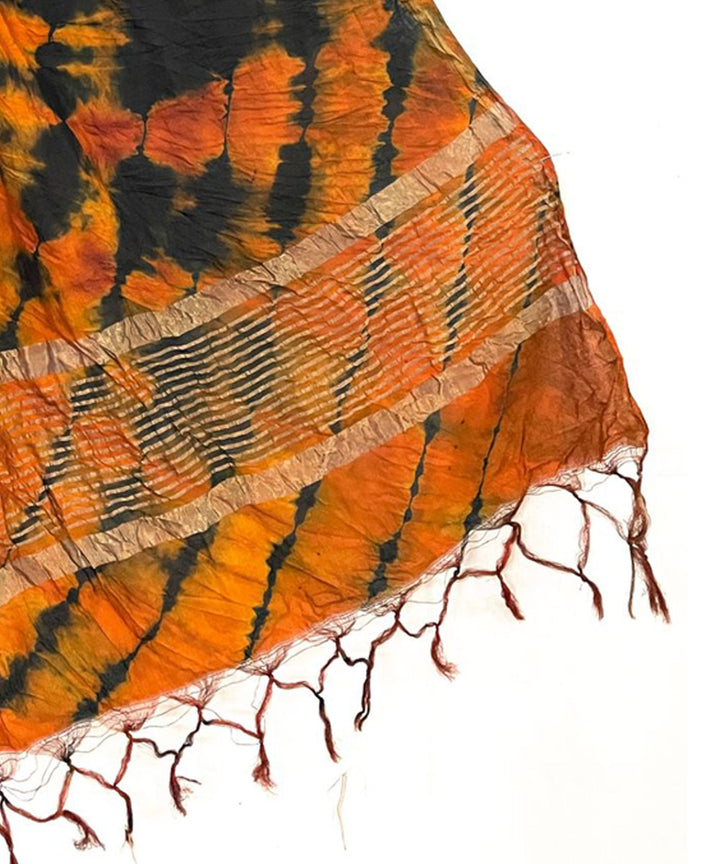 Tangerine black handwoven tie dye tussar silk stole