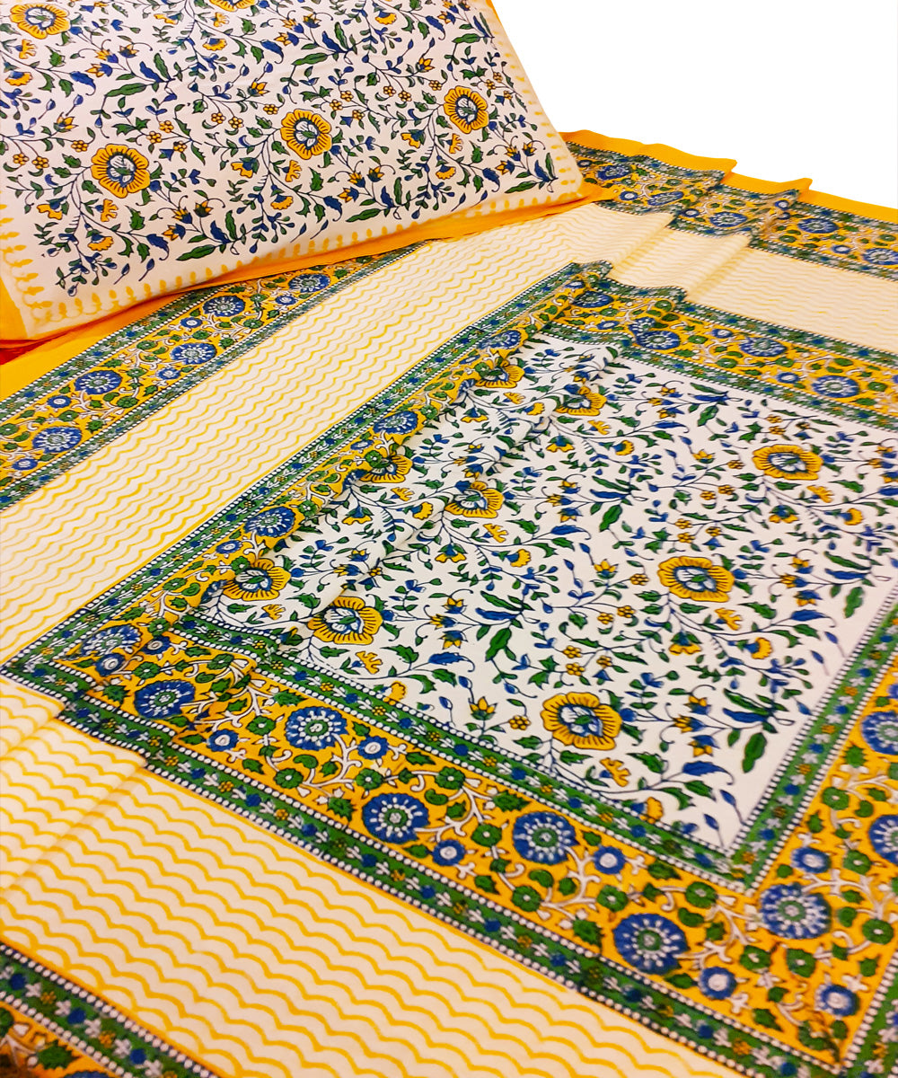Cream green handblock print cotton single bed sheet with pillow cover