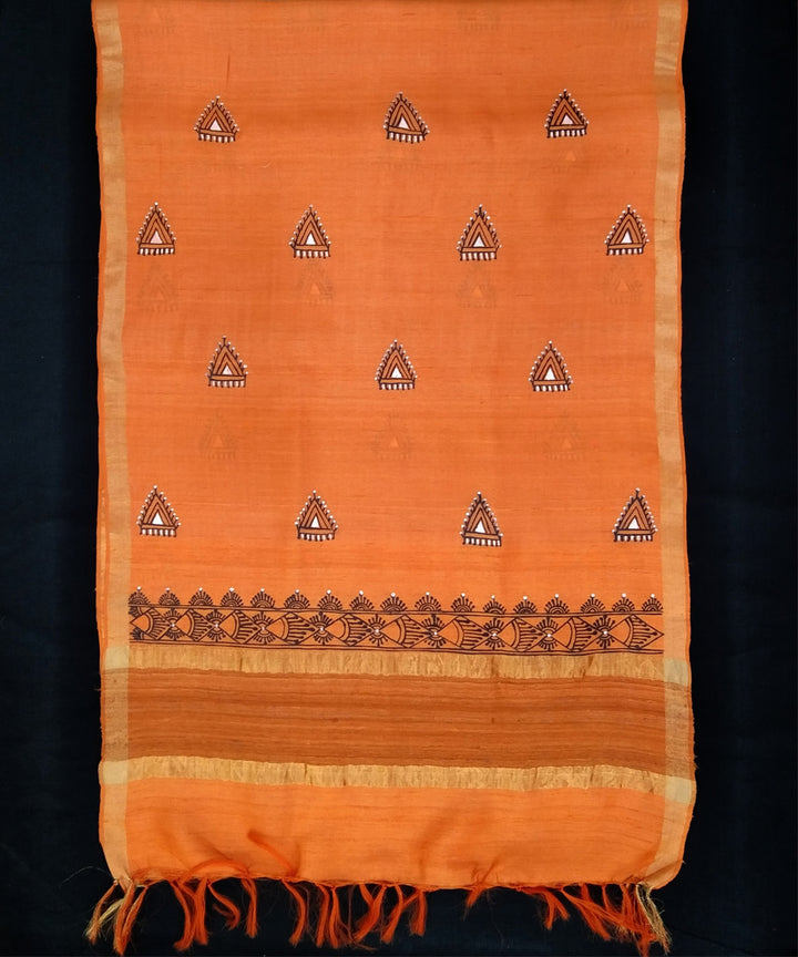 Golden orange silk hand painted godana art dupatta