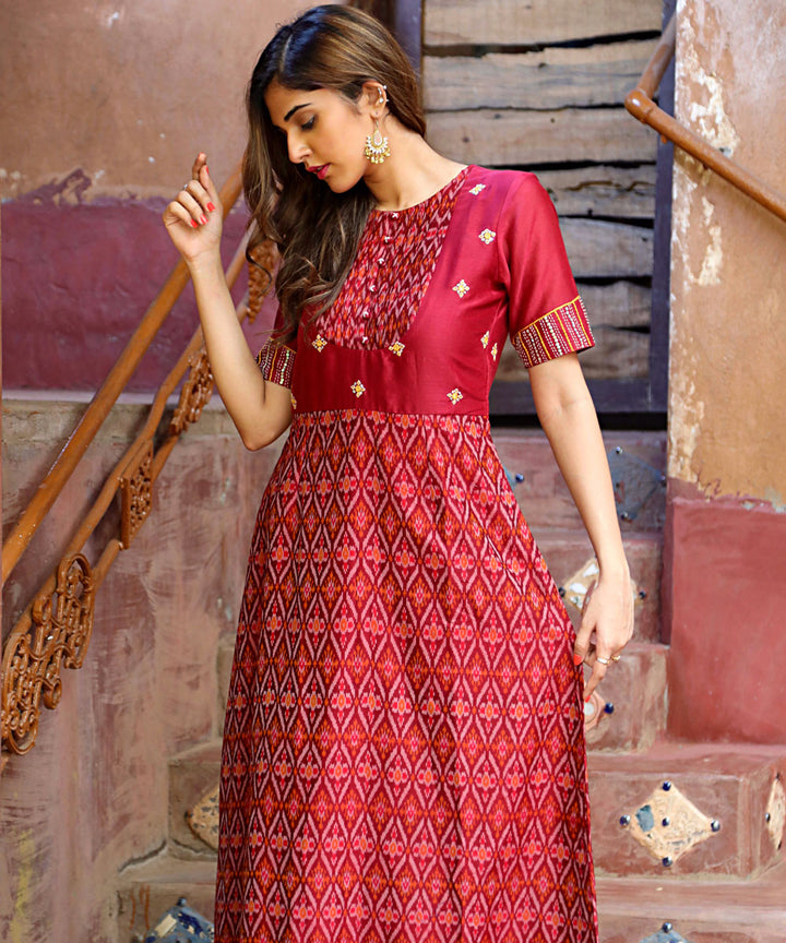 Maroon chanderi and sico handwoven ikat hand embroidery gown