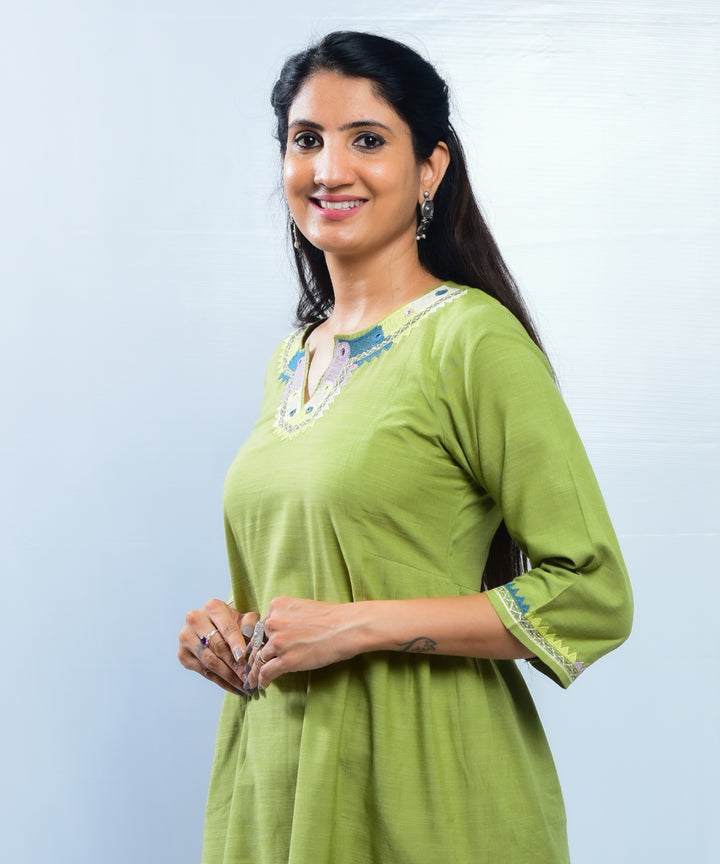 Olive green soi hand embroidery cotton kurta