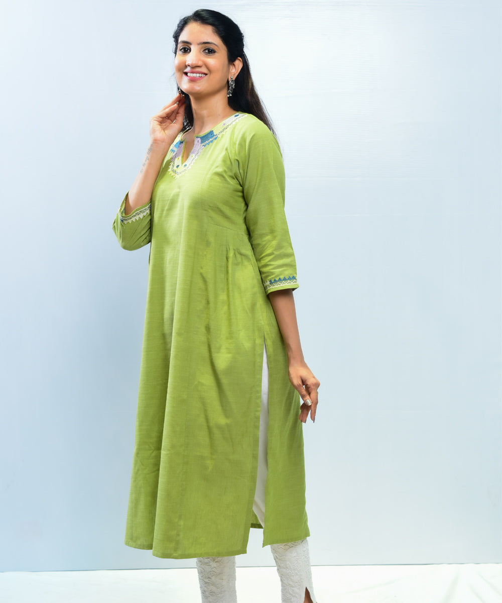 Olive green soi hand embroidery cotton kurta