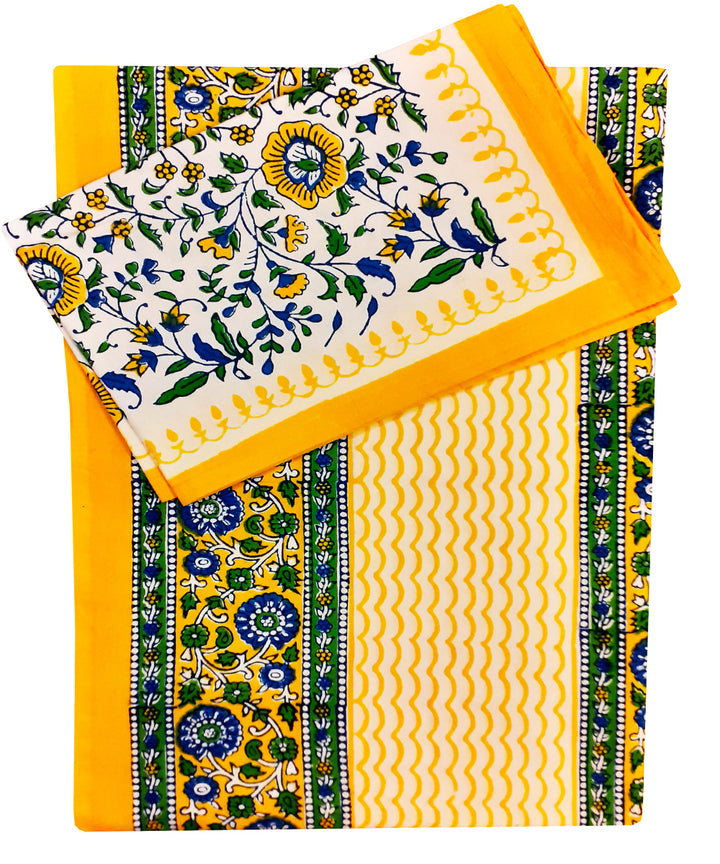 Cream green handblock print cotton single bed sheet with pillow cover