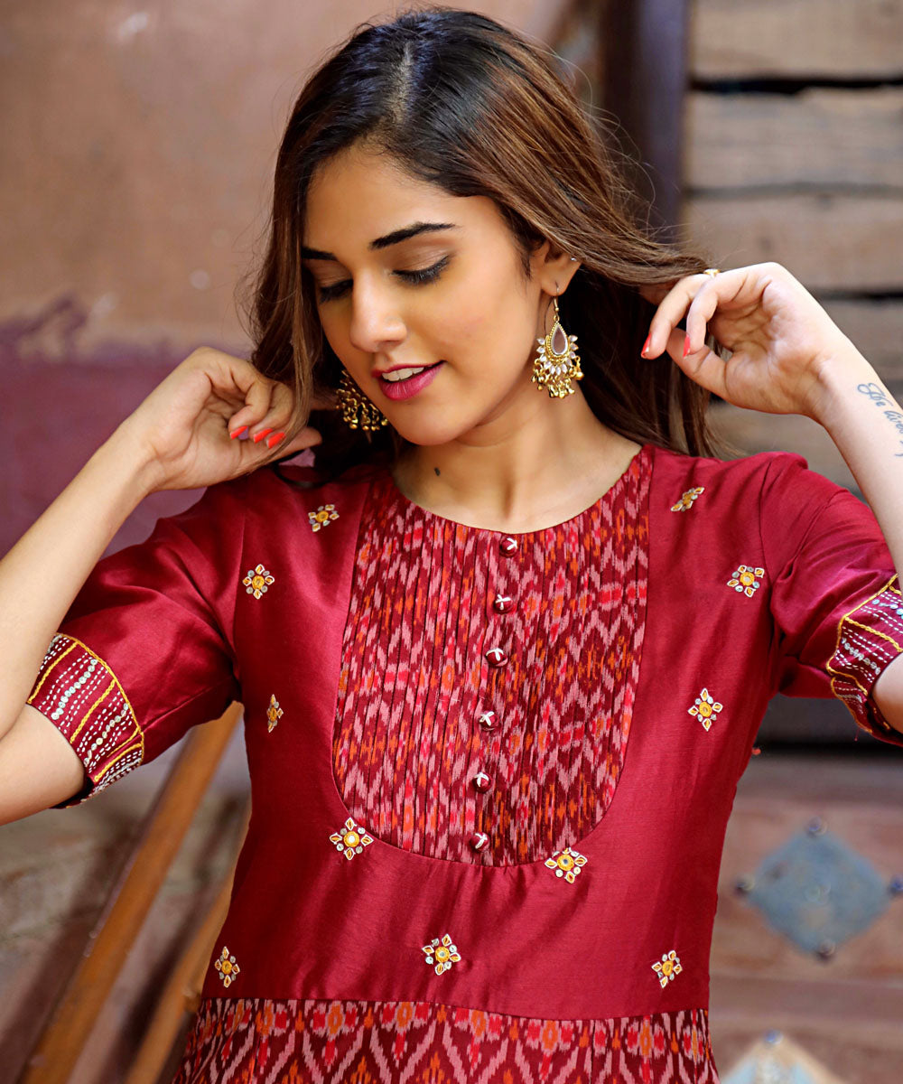 Maroon chanderi and sico handwoven ikat hand embroidery gown