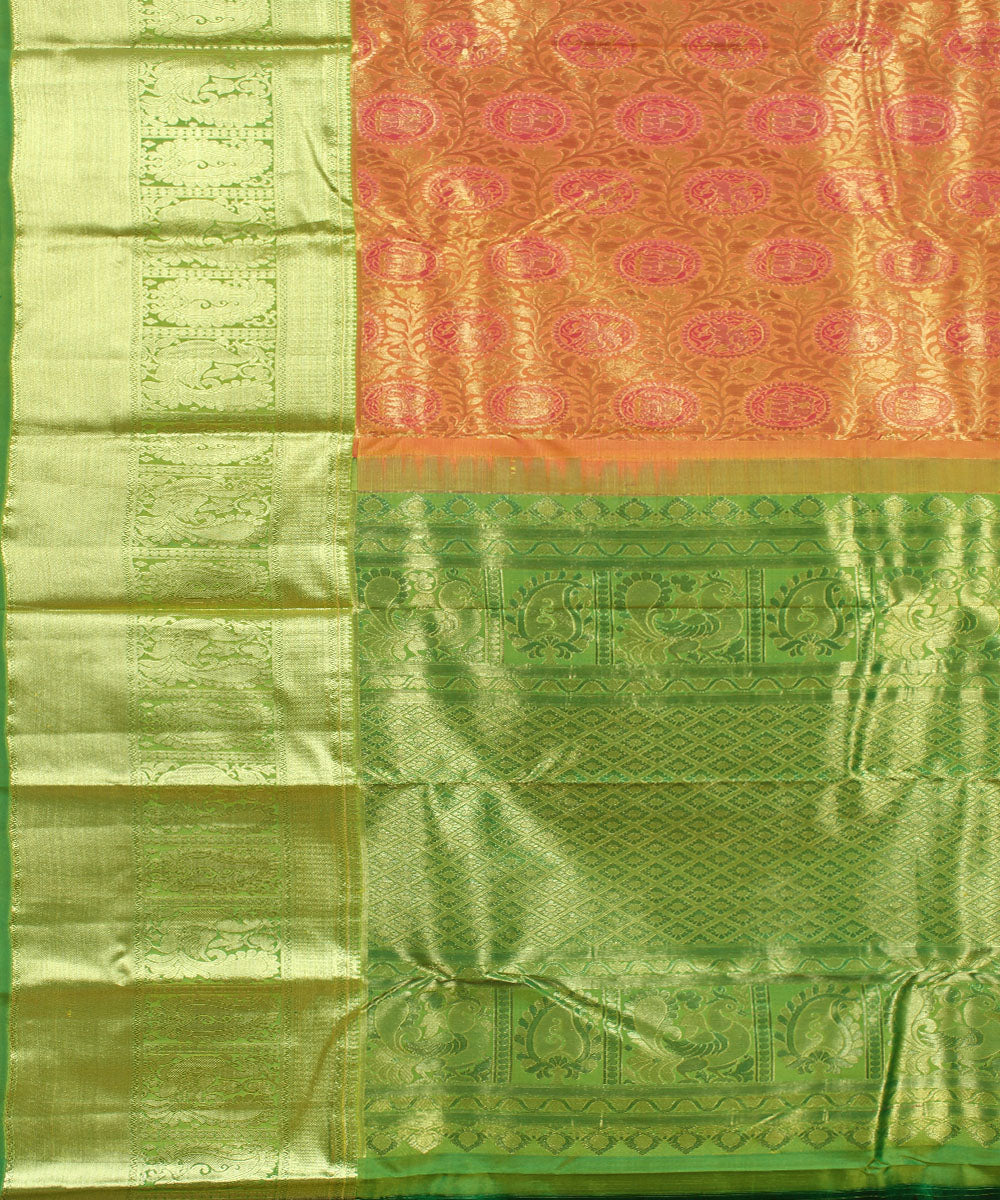 Orange light green handwoven karnataka brocade silk saree