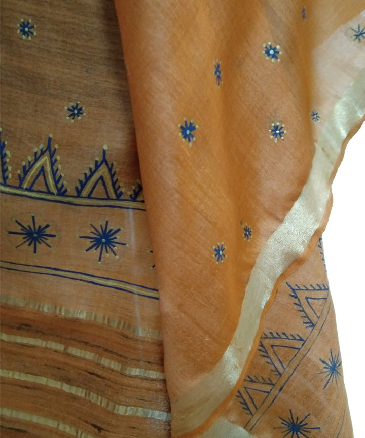 Golden orange silk hand painted godana art dupatta