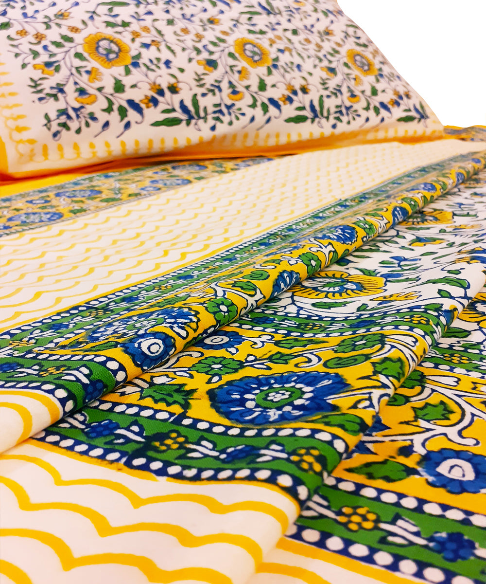Cream green handblock print cotton single bed sheet with pillow cover
