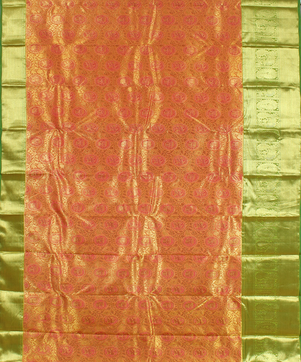 Orange light green handwoven karnataka brocade silk saree