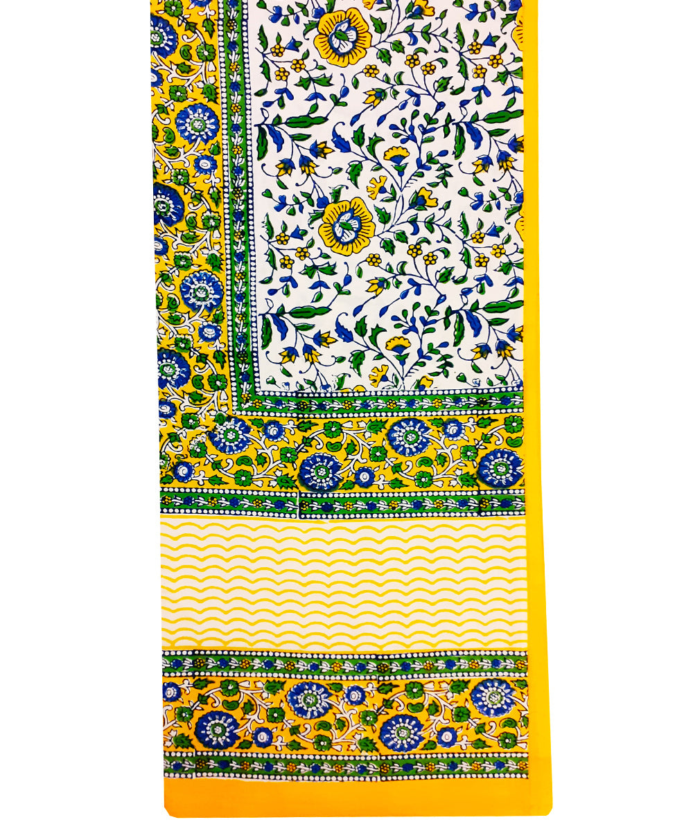 Cream green handblock print cotton single bed sheet with pillow cover