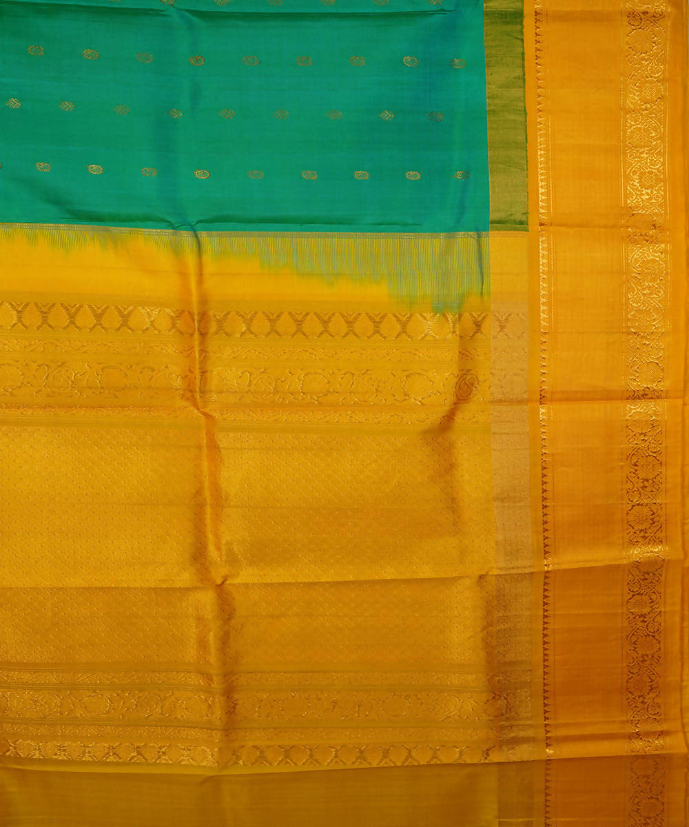 Cyan green yellow handwoven silk gadwal saree