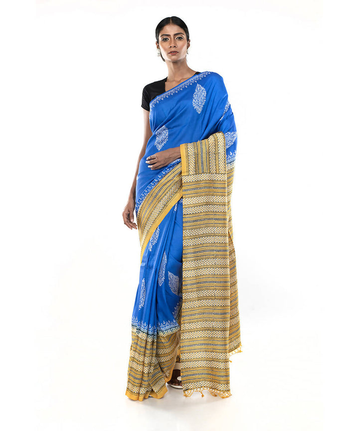 Blue yellow hand block print bengal silk saree