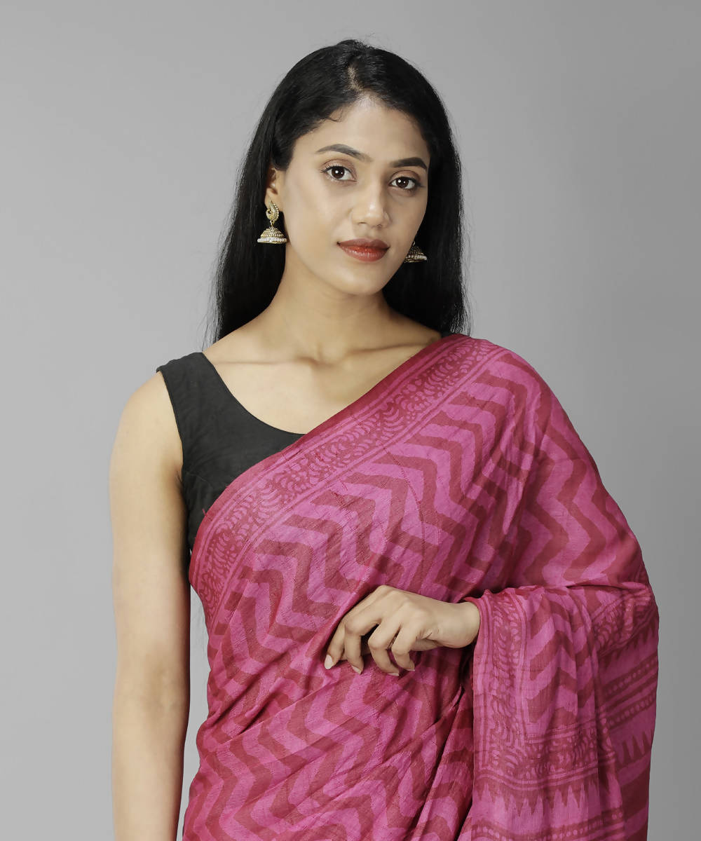 Dark pink bagru handblock printed tussar silk saree