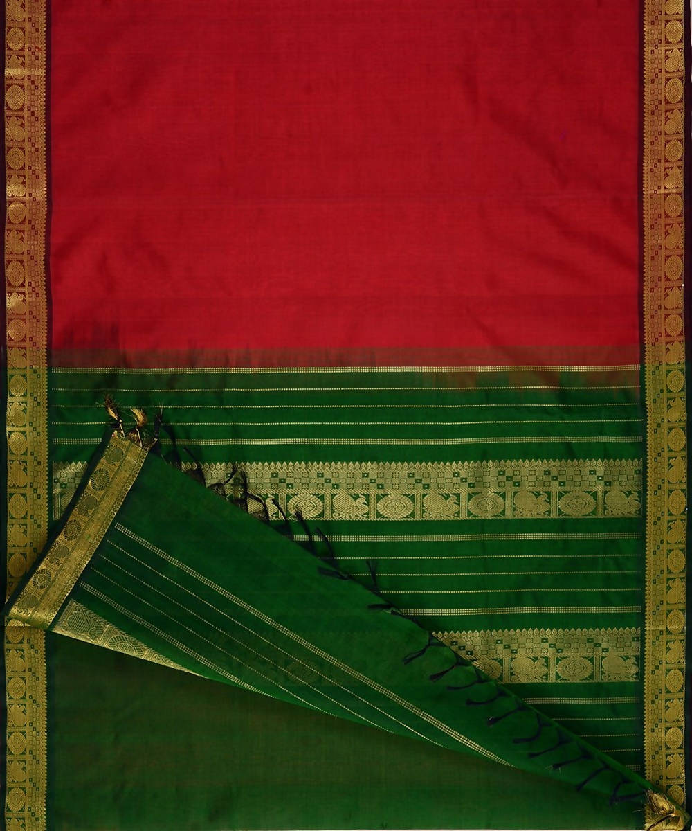 Red kanjivaram silk cotton saree with green border
