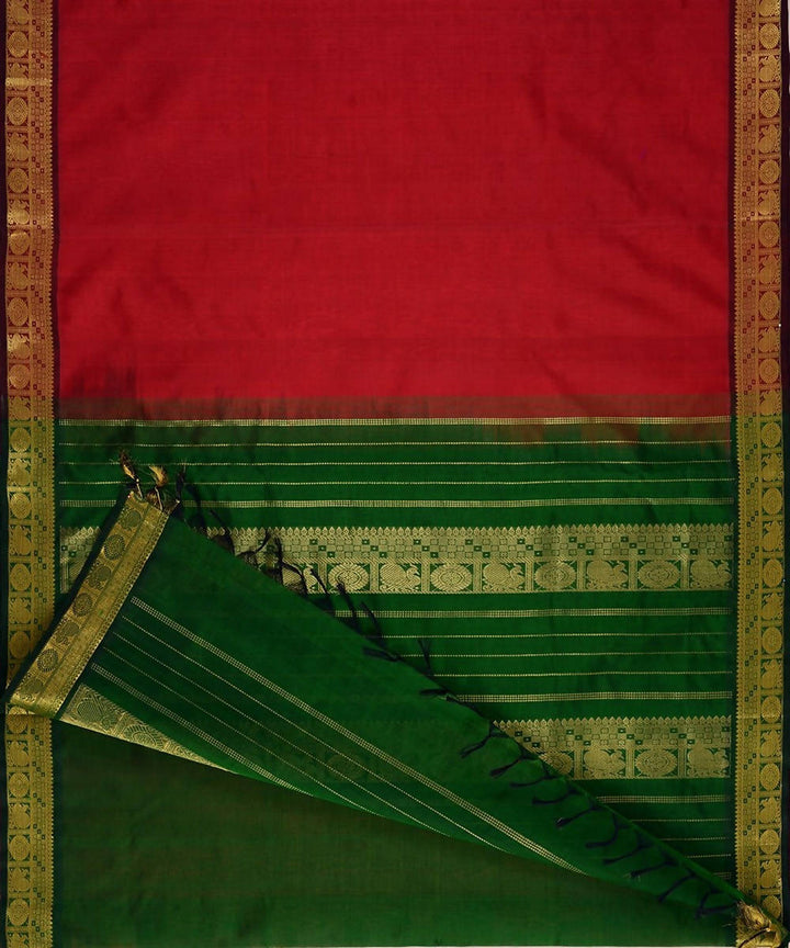 Red kanjivaram silk cotton saree with green border