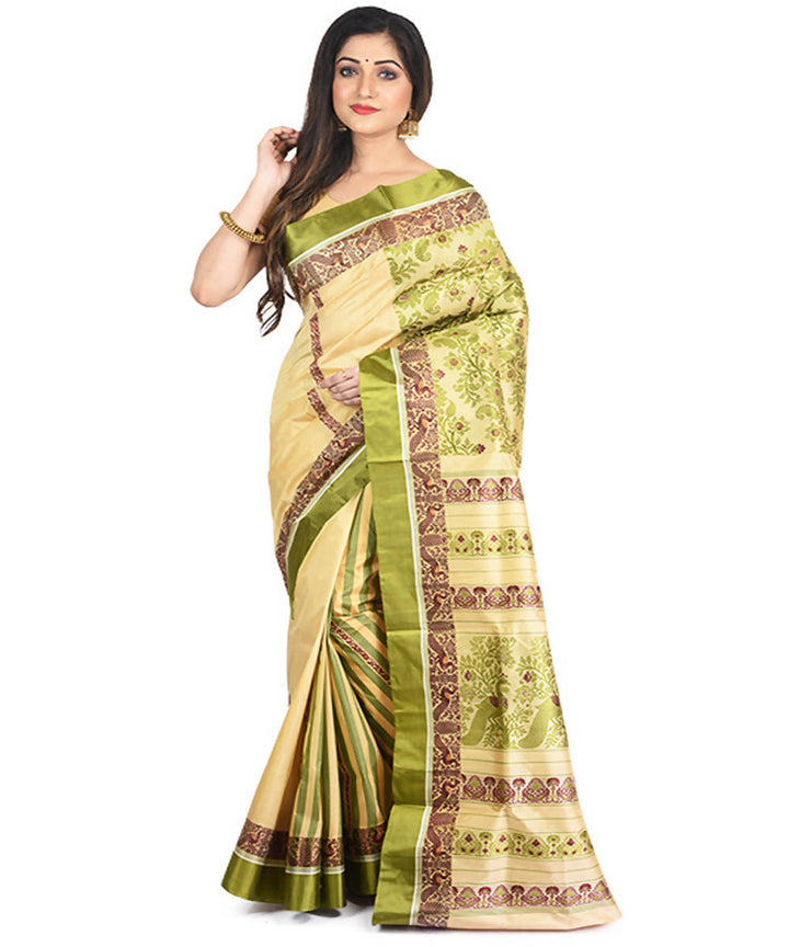 Sandal and green handloom garad silk saree