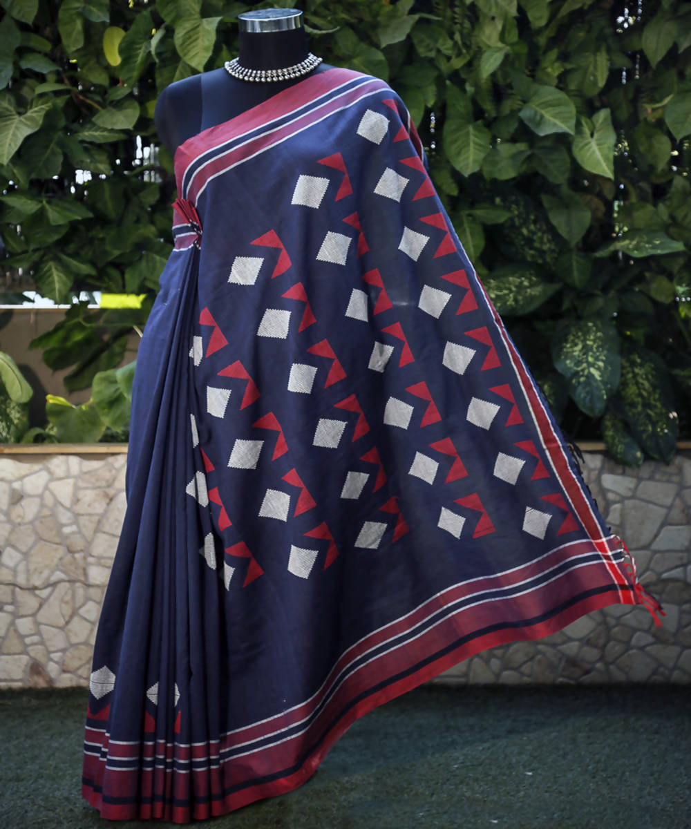 Blue white handwoven extra weft mulberry silk saree