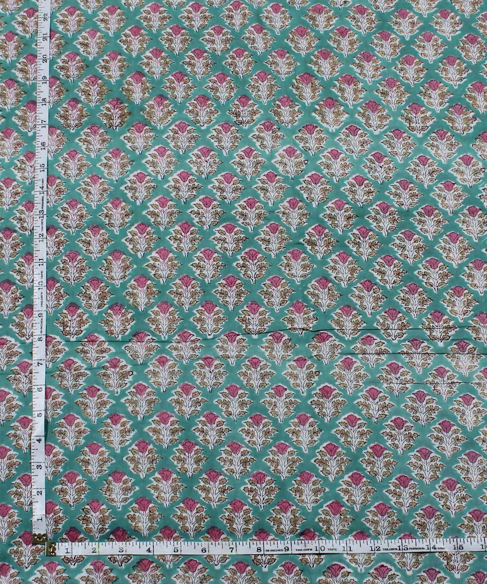 Green Floral Handblock Print Cotton Fabric