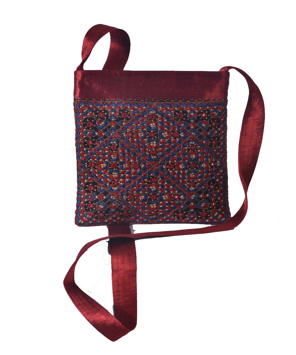 Maroon multi color kutchy hand embroidery mashroo cross body bag