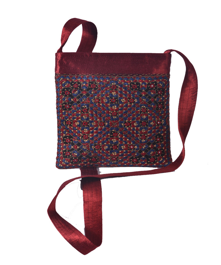 Maroon multi color kutchy hand embroidery mashroo cross body bag