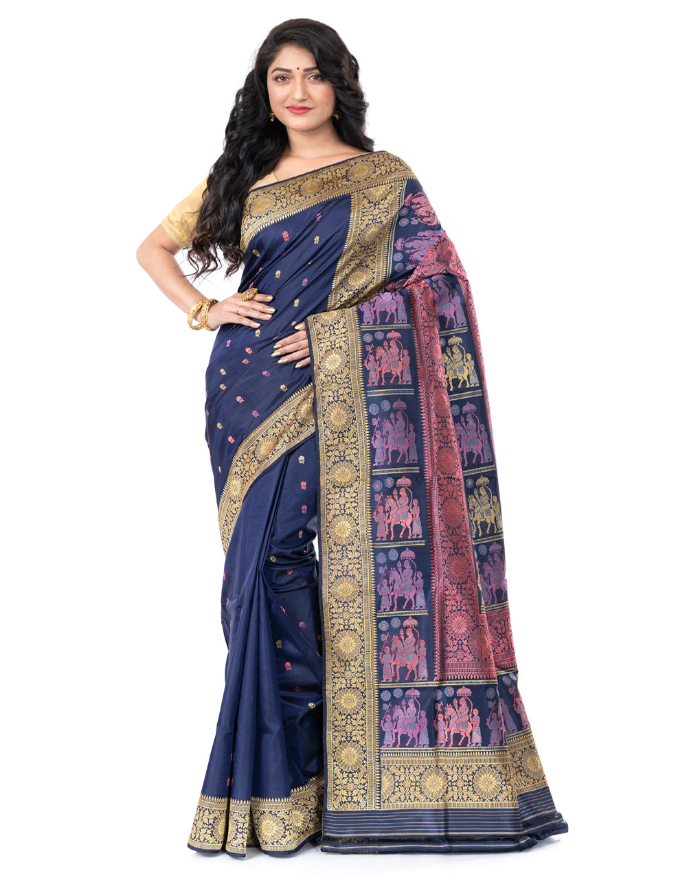 Dark blue handwoven malda silk swarnachari baluchari saree