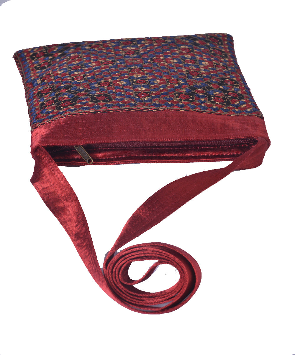 Maroon multi color kutchy hand embroidery mashroo cross body bag