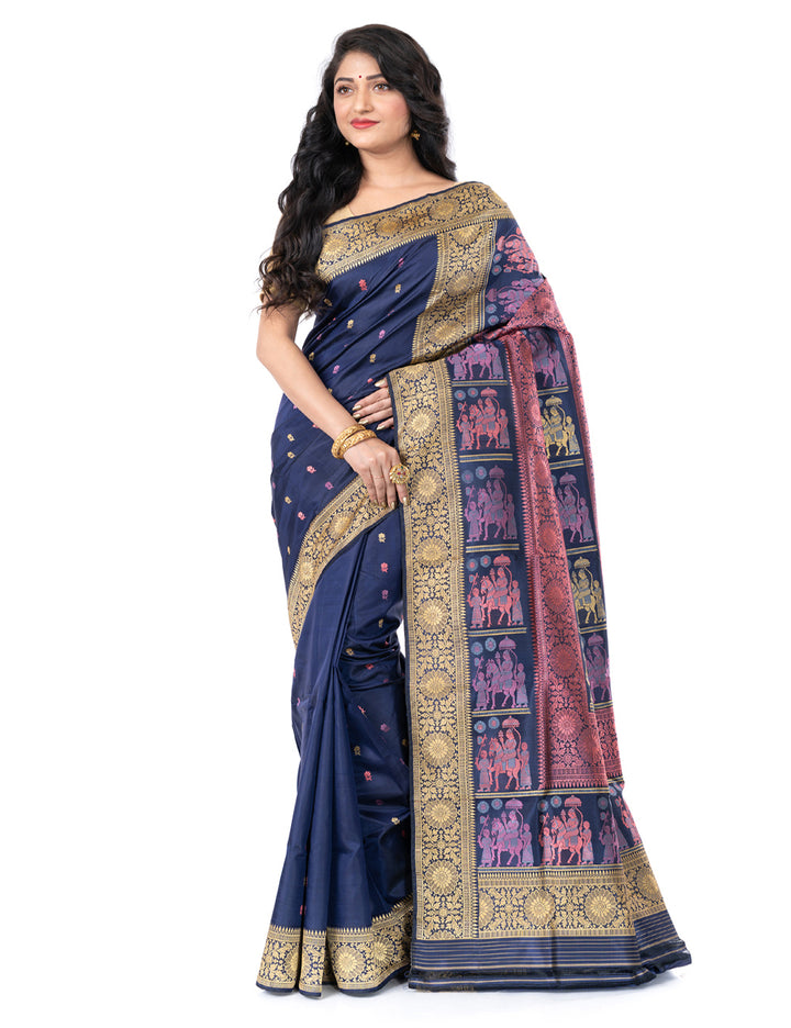 Dark blue handwoven malda silk swarnachari baluchari saree