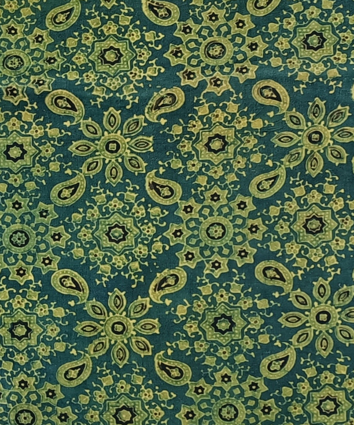 2.5m Green yellow ajrakh print handspun handloom cotton kurta fabric
