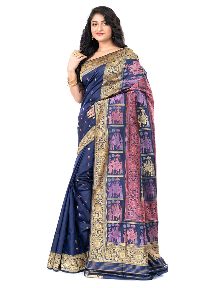 Dark blue handwoven malda silk swarnachari baluchari saree