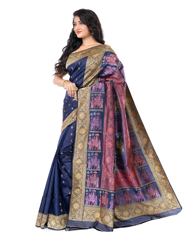 Dark blue handwoven malda silk swarnachari baluchari saree