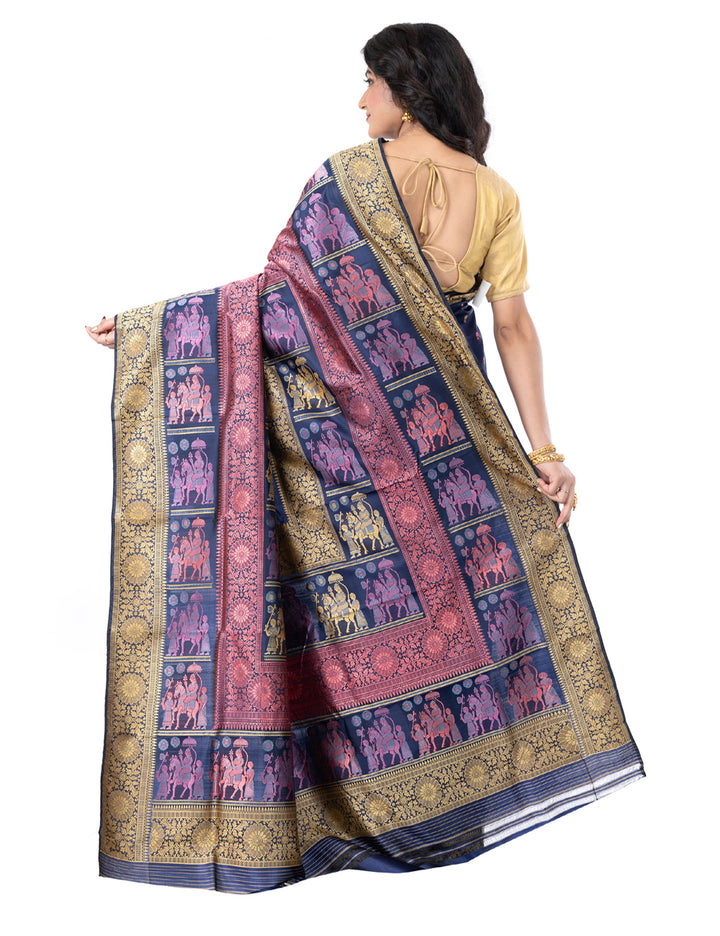 Dark blue handwoven malda silk swarnachari baluchari saree