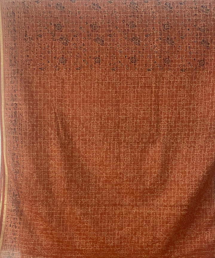 Orange hand block print chanderi cotton silk ajrakh saree