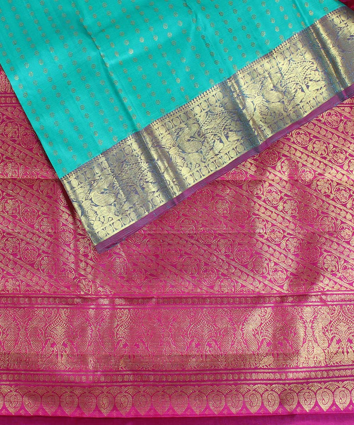 Cyan blue pink handwoven karnataka brocade silk saree
