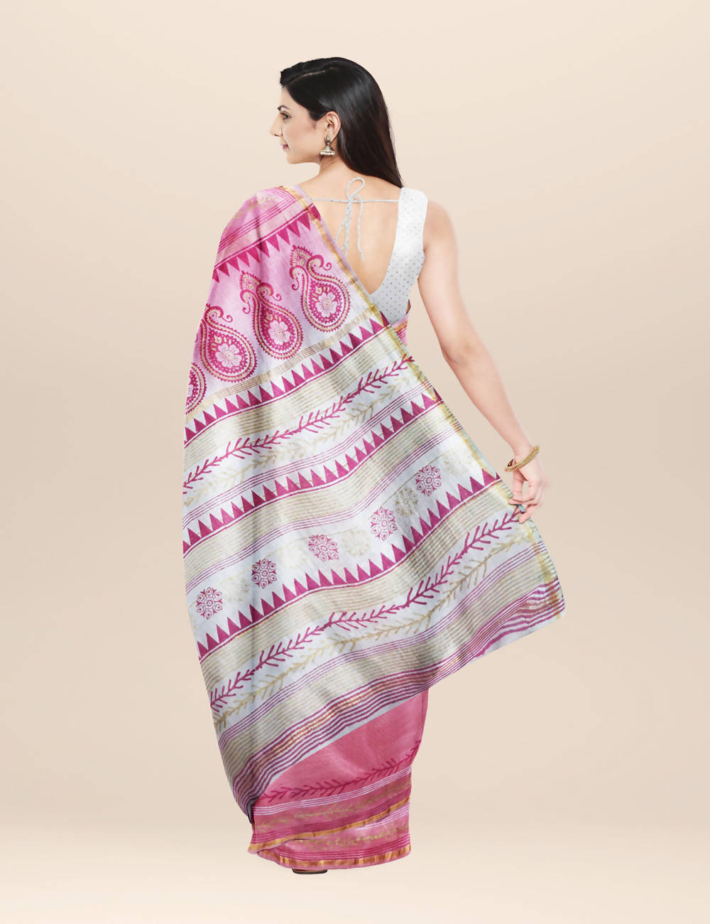 Pink and white Chanderi cotton silk Saree with Hand Block Print