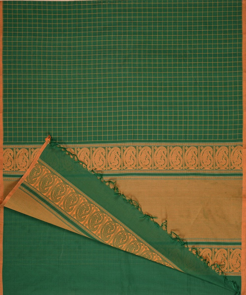 Dark green borderless handwoven kanchi cotton saree