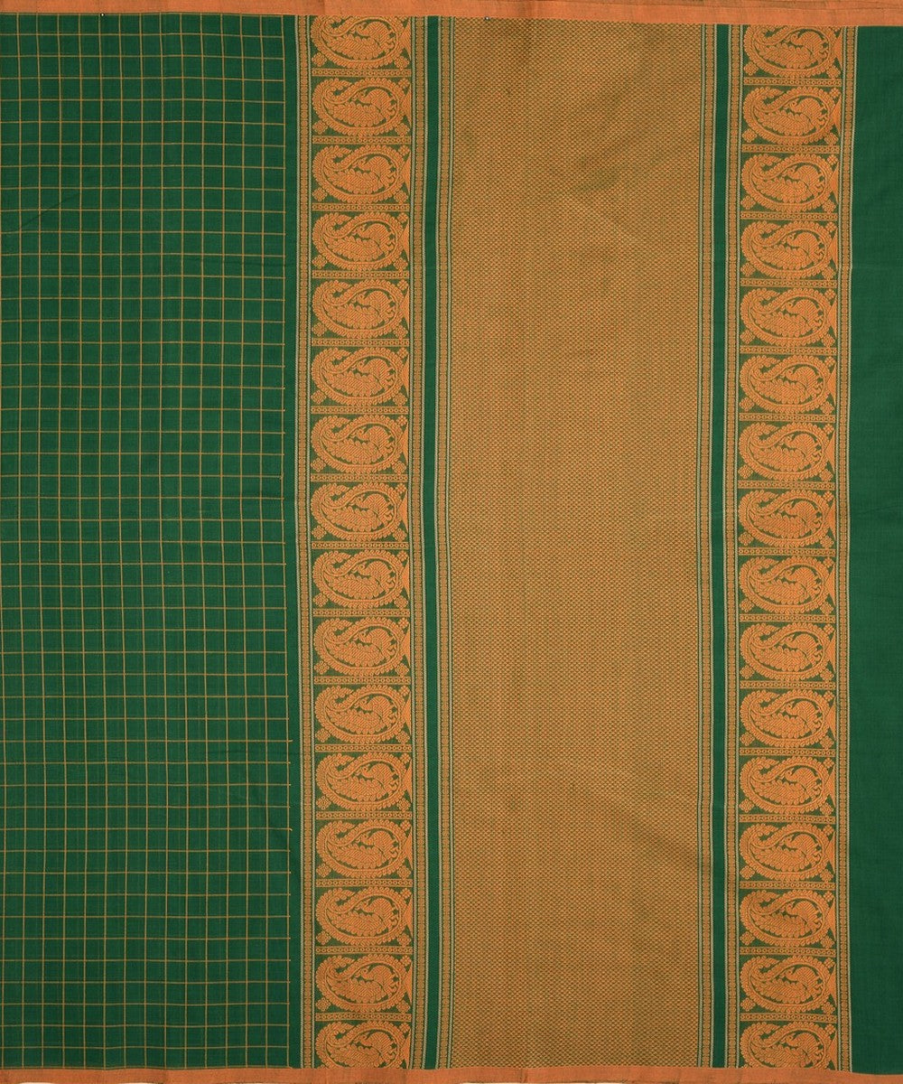 Dark green borderless handwoven kanchi cotton saree
