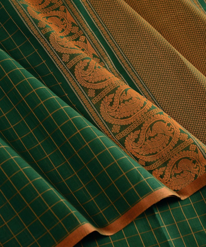 Dark green borderless handwoven kanchi cotton saree