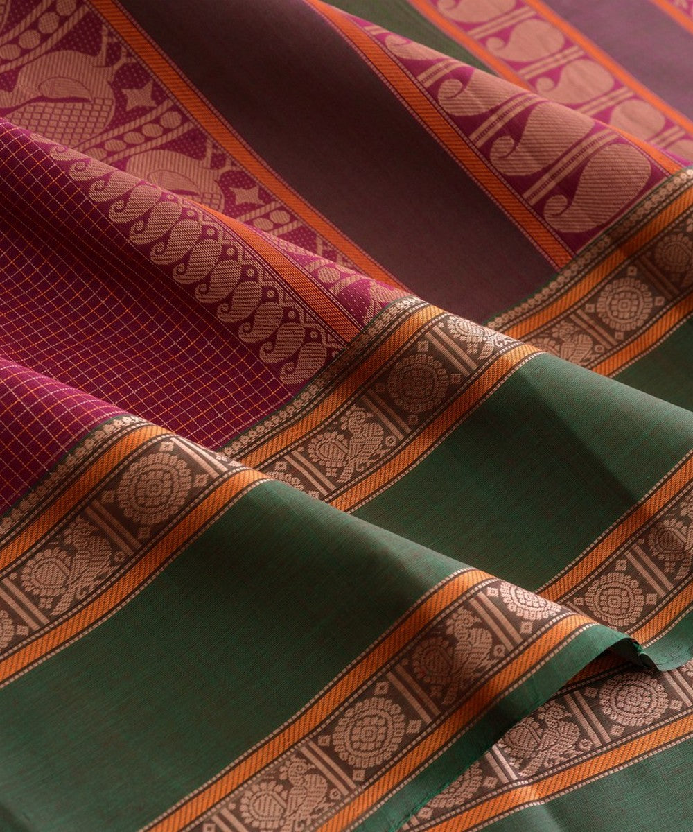 Purple checks handwoven kanchi cotton saree