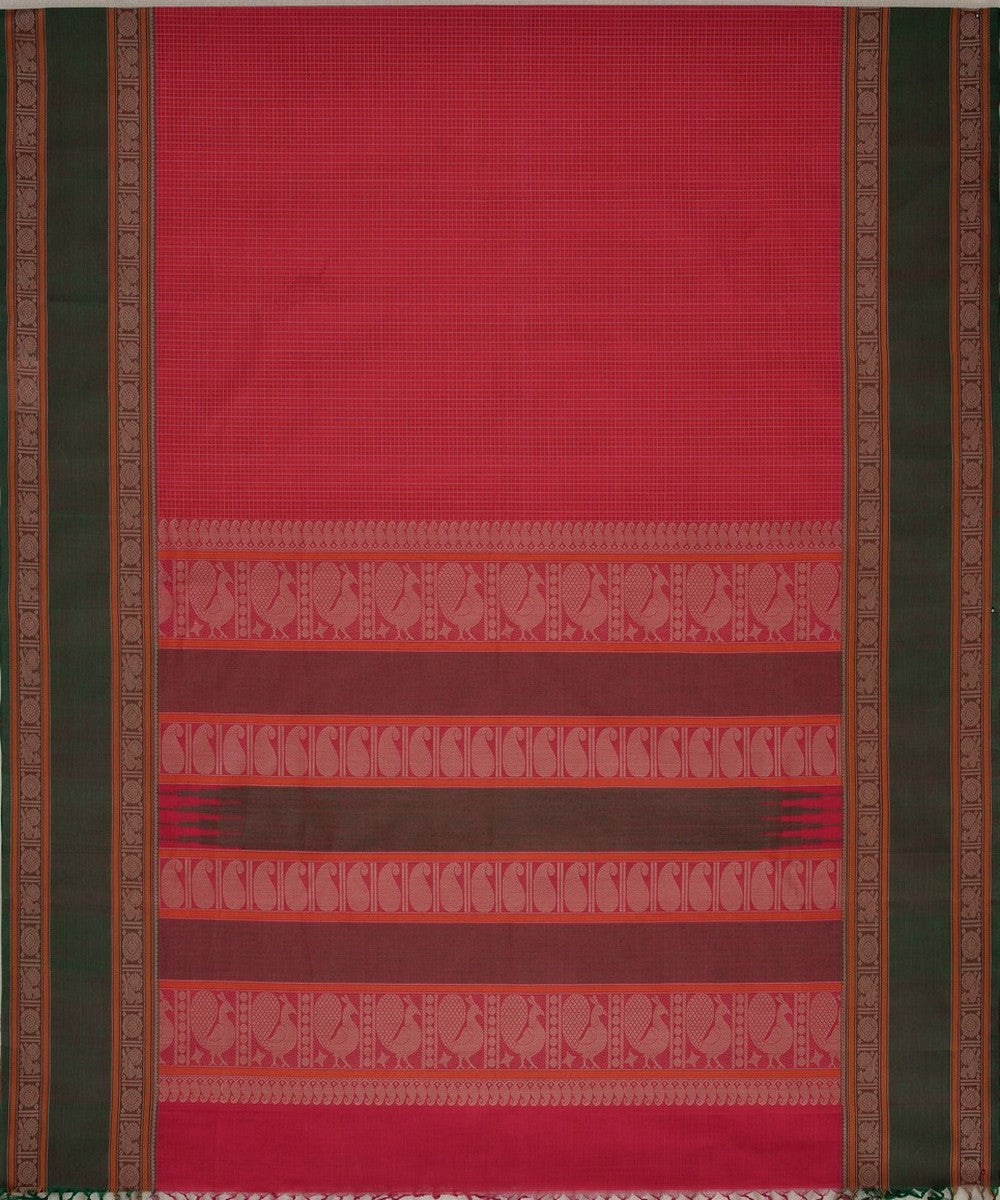 Red checks handwoven kanchi cotton saree