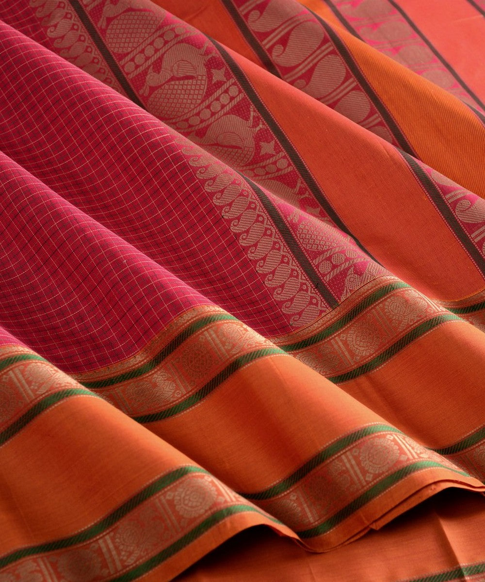 Pink checks handwoven kanchi cotton saree