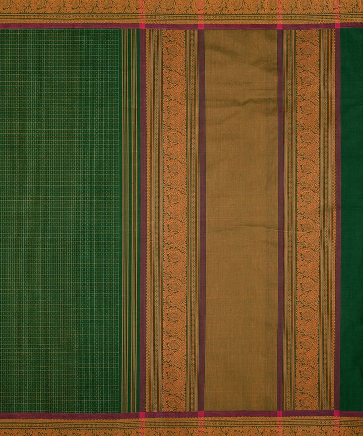Dark green muttu kattam checks handwoven kanchi cotton saree