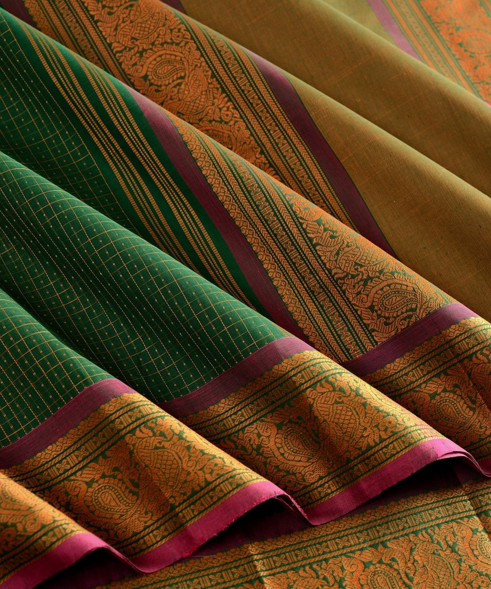 Dark green muttu kattam checks handwoven kanchi cotton saree