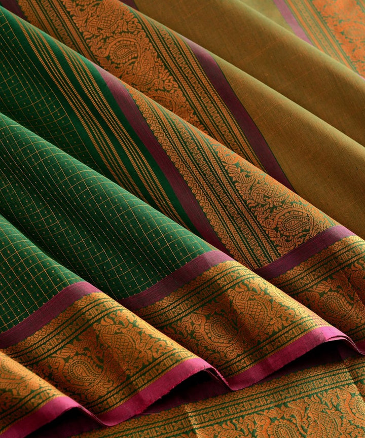 Dark green muttu kattam checks handwoven kanchi cotton saree