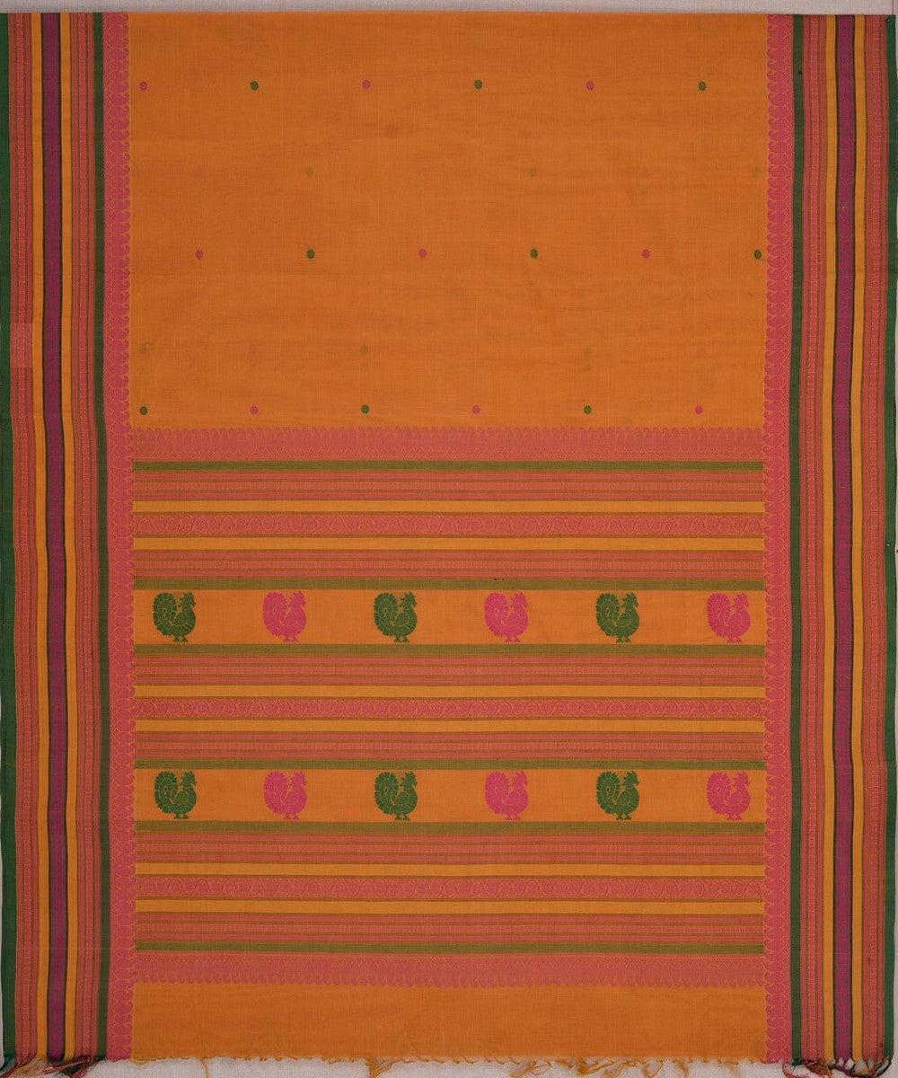 Mustard multicolor border handwoven kanchi cotton saree