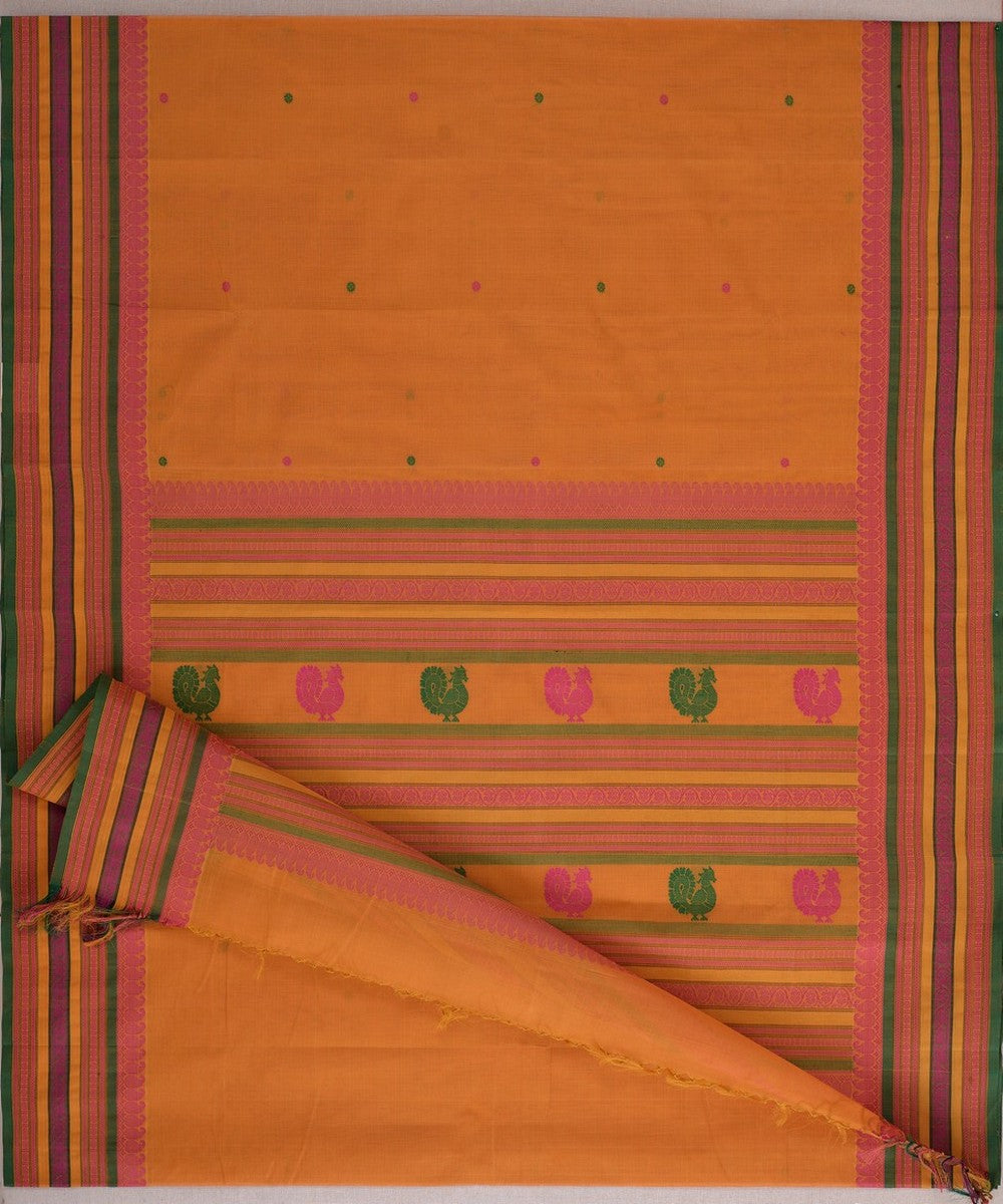 Mustard multicolor border handwoven kanchi cotton saree