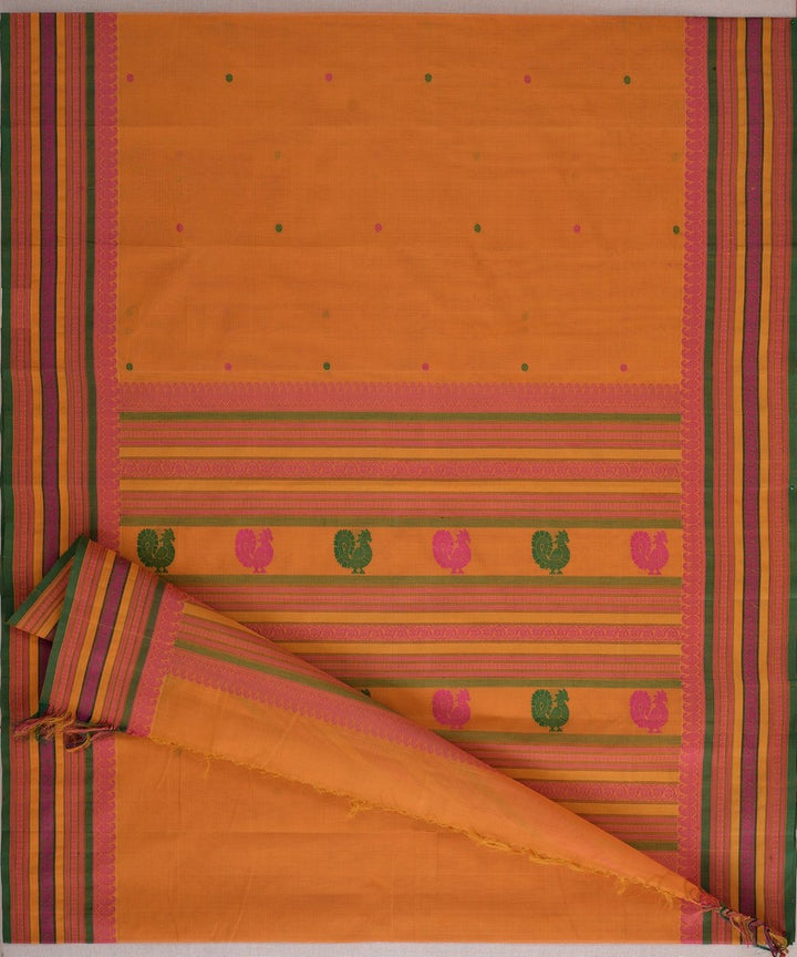 Mustard multicolor border handwoven kanchi cotton saree