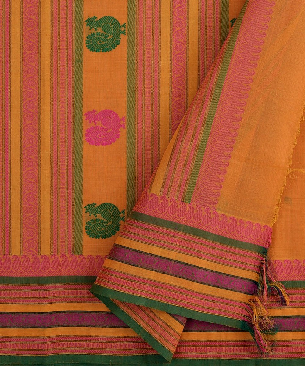 Mustard multicolor border handwoven kanchi cotton saree