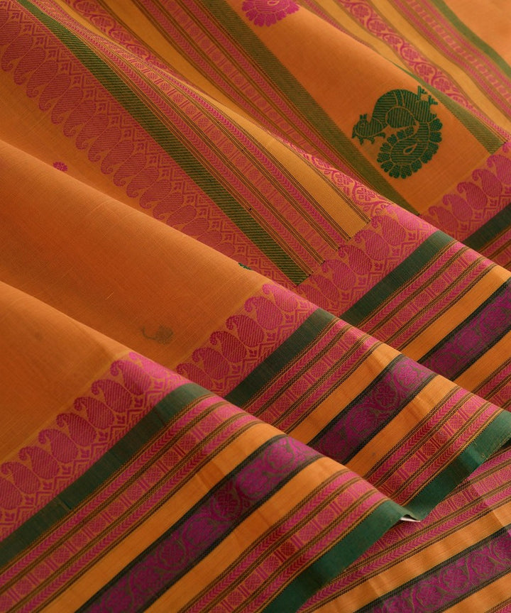 Mustard multicolor border handwoven kanchi cotton saree