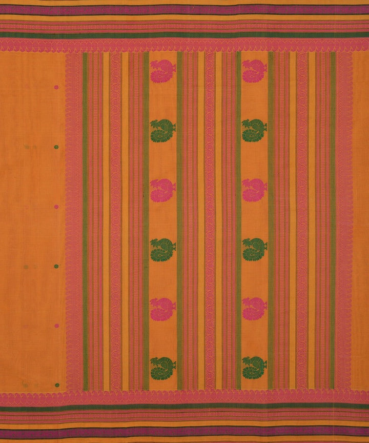 Mustard multicolor border handwoven kanchi cotton saree